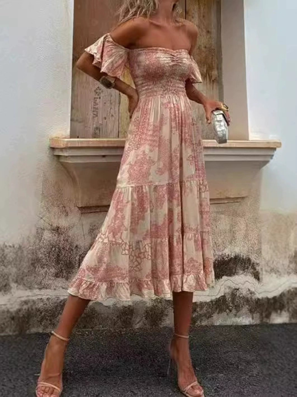 Spring Summer Printed Off Shoulder Strapless Sexy Casual Ruffle Sleeve Dress - Picture 2 of 6